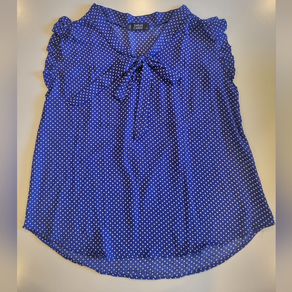 Sarah Candy Sleeveless Blouse Blue With White Polka Dots. Size XL